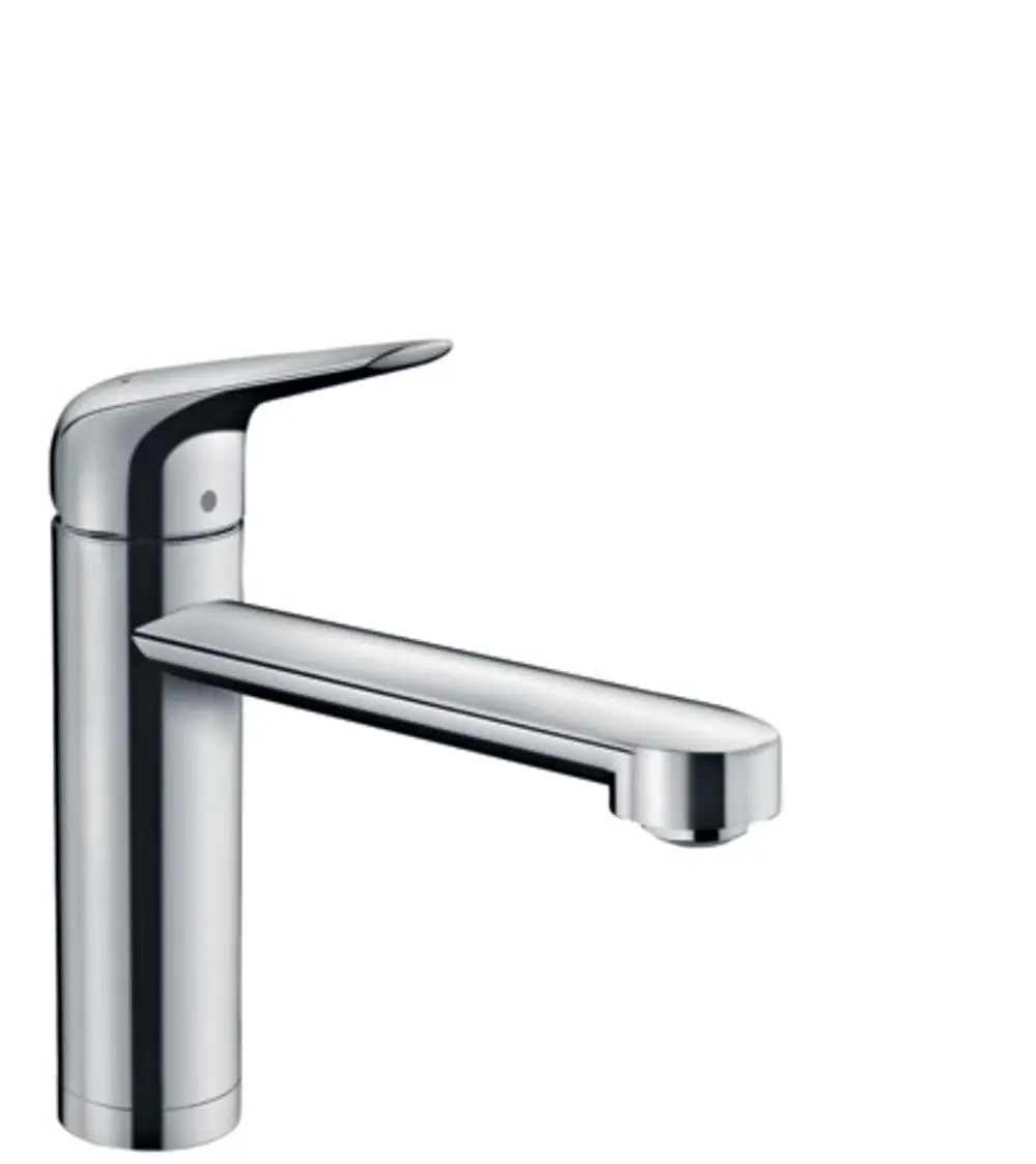 Hansgrohe Spültischmischer in chromierter Ausführung mit einem geraden Auslauf und einem modernen Hebel, geeignet für die Installation vor einem Fenster.
